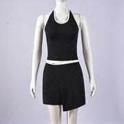Contrast Color Halterneck Tie Up Two Piece Skirt Set GFRT 51958SBF