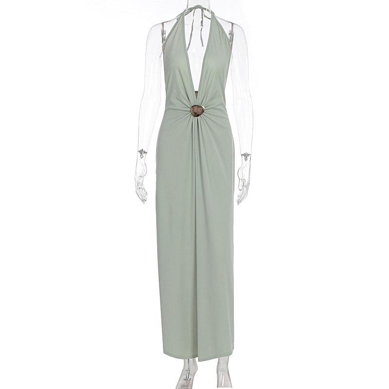 Halterneck Deep V Neck Backless Maxi Dress GWSD D1995197