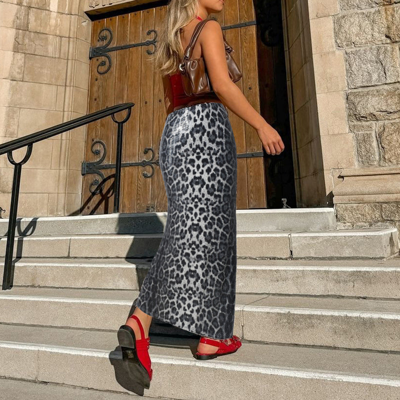 Leopard Print Sequin Patchwork Long Skirt GBTF 51515DHD