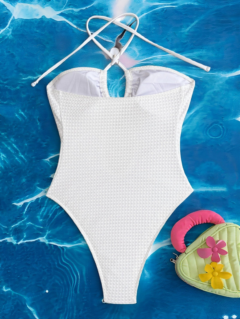 Solid Color Backless Halterneck One Piece Swimsuit CASF 6760