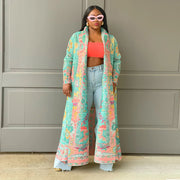 Print Color Block Long Sleeve Cardigan Coat YF 10634