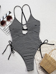 Stripe Contrast Color Hollow Out One Piece Swimsuit CSYZ TM29RX