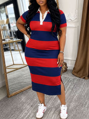 Plus Size Contrast Color Lapel Neck Long Dress HNIF DJP006