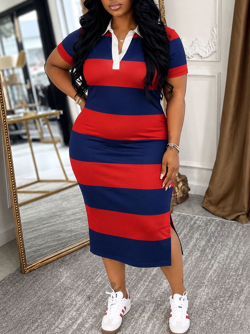 Plus Size Contrast Color Lapel Neck Long Dress HNIF DJP006