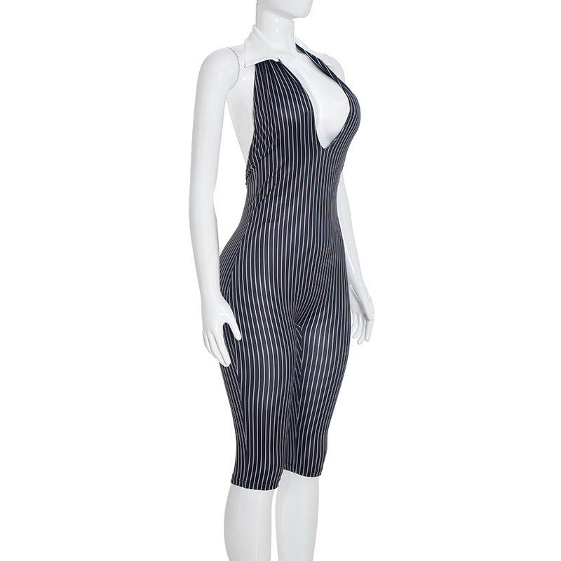 Stripe Printed Backless Seventh Jumpsuit MXBF J26JP347