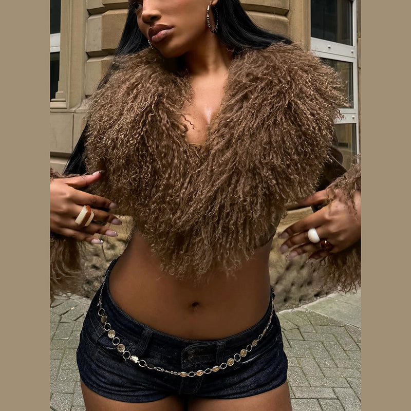 Fur Patchwork Leather V Neck Coat DLSF K25L85062