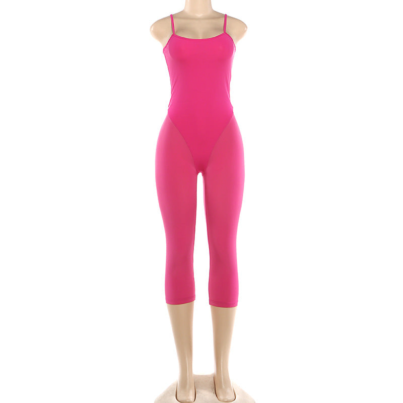 Solid Color Patchwork Backless Seventh Jumpsuit DLSF K6Q06814A
