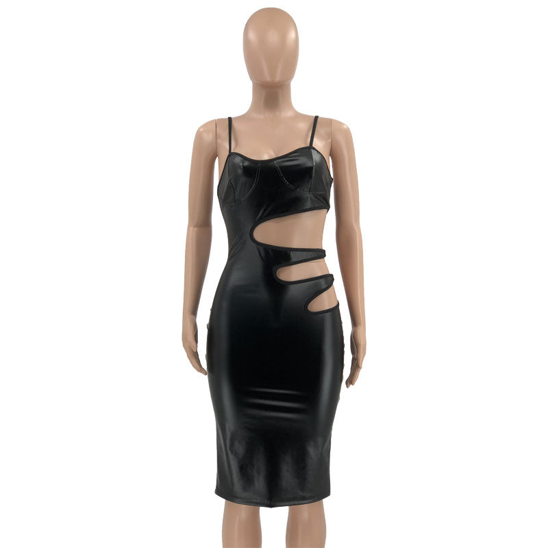 Plus Size PU Leather Hollow Out Split Bodycon Dress OSIF 21481