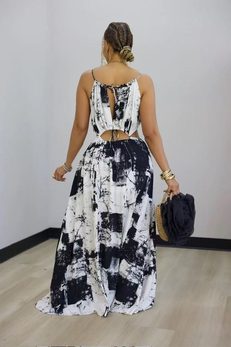 Ink wash Printed Hollow Out Jumpsuit OD 8781