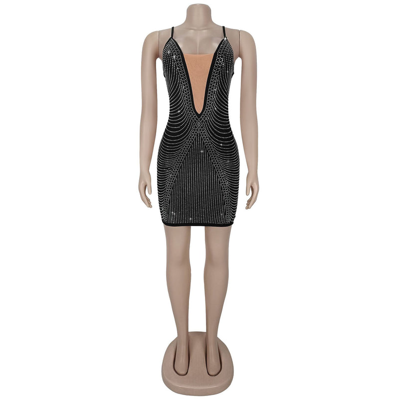 Sexy Deep V Neck Hot Drill Mini Dress BY 7348