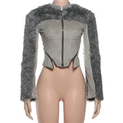 Zipper Long Sleeve Furzzy Patchwork Jackets GSLF K25C83769
