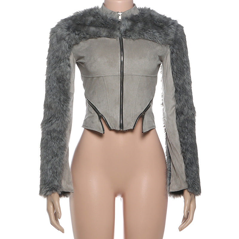 Zipper Long Sleeve Furzzy Patchwork Jackets GSLF K25C83769