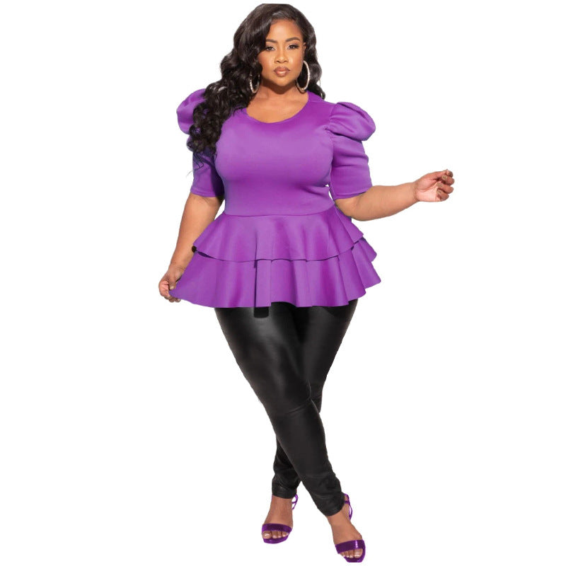 Plus Size Ruffles Short Sleeve T Shirt NNWF 7071