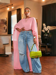Loose Mesh Oversized Cape Bat Sleeve Crop Top SFY 896