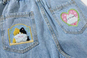 Plus Size Cat Embroidered Multi Pockets Jeans GYLN 6334