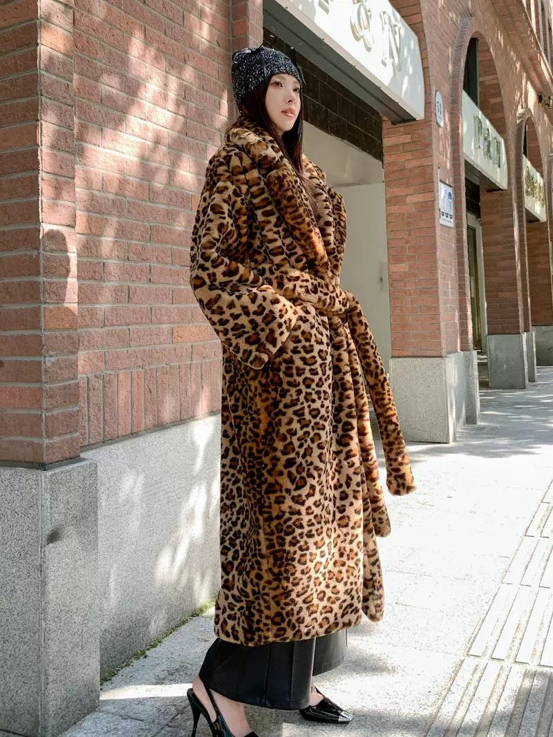 Plus Size Faux fur Leopard Print Rabbit Fur Extra Long Coat HHMY PO1022