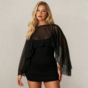 Solid Color Mesh Shawl Top Mini Dress 2 Piece Set GSZM C26DS172