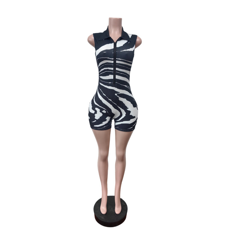 Sleeveless Print Zipper Romper MEM 88655