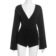Deep V Neck Flare Long Sleeve Romper GDSF D25RP539