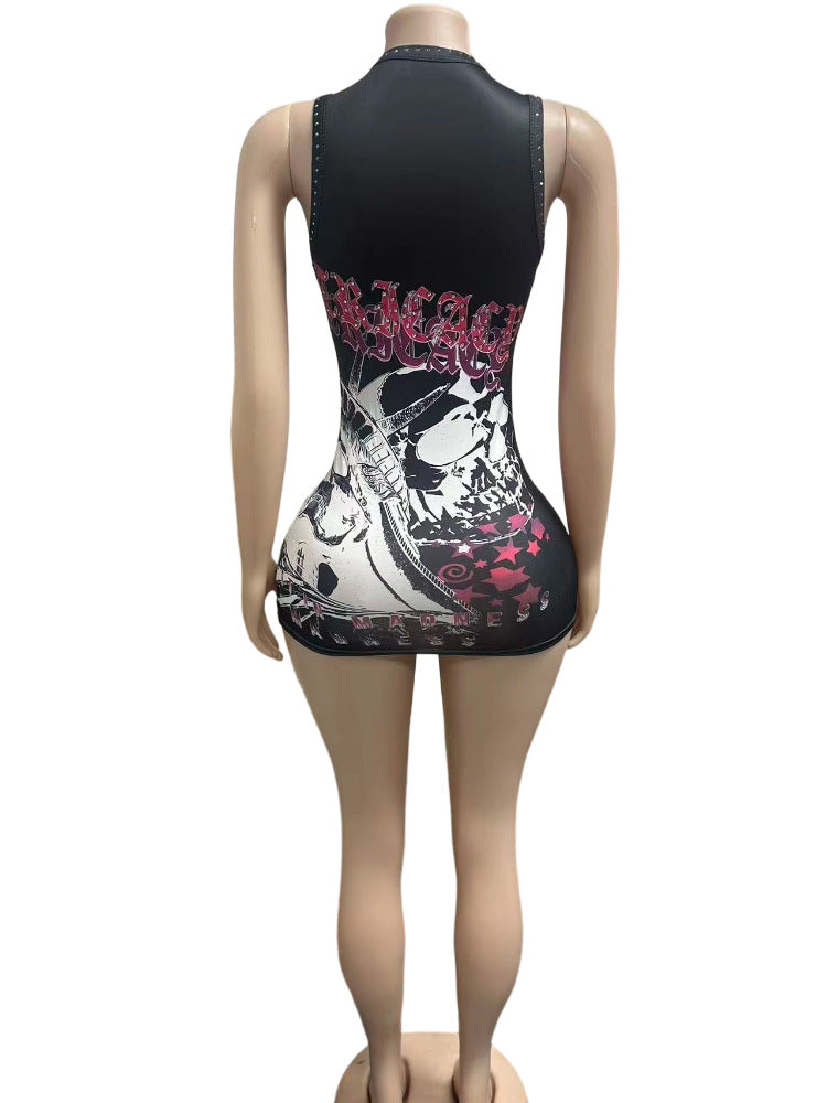Casual Skull Print Sleeveless Mini Dress GFCF 1522