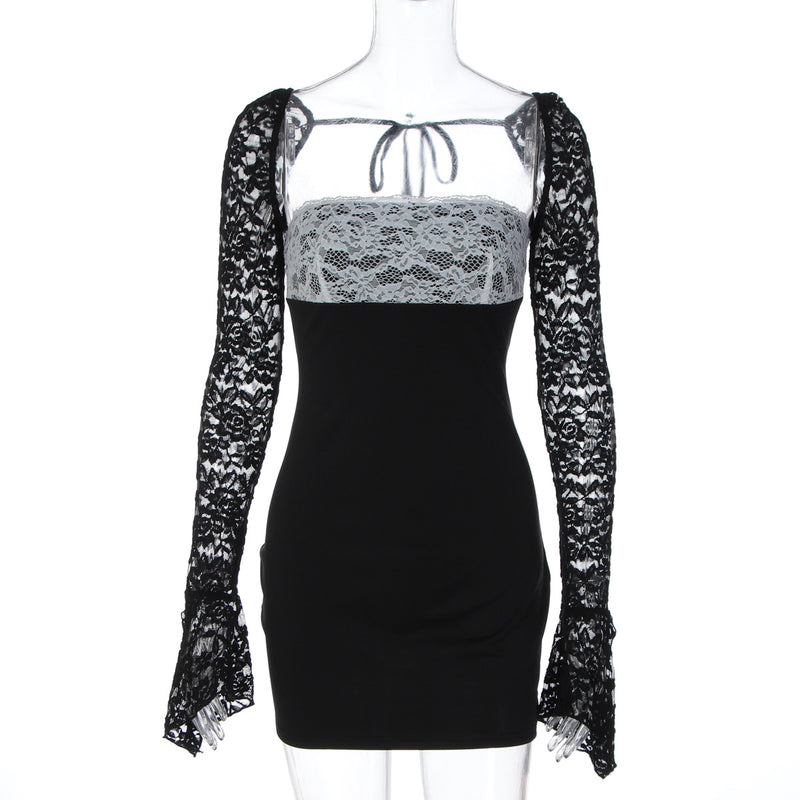 Lace Patchwork Long Sleeve Mini Dress GLAG D6121147F