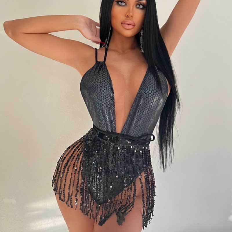 Sexy Deep V Neck Tassel One Piece Swimsuit DYSC DY22A150YYB091513