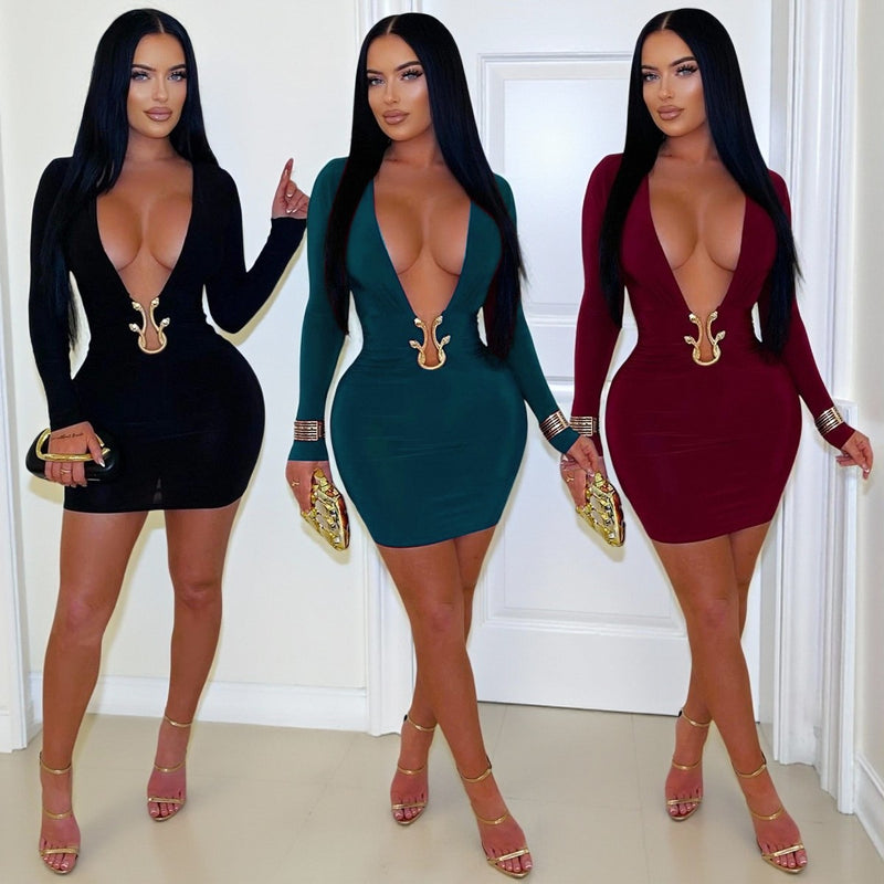 Deep V Neck Long Sleeve Bodycon Dress GZIY 6372