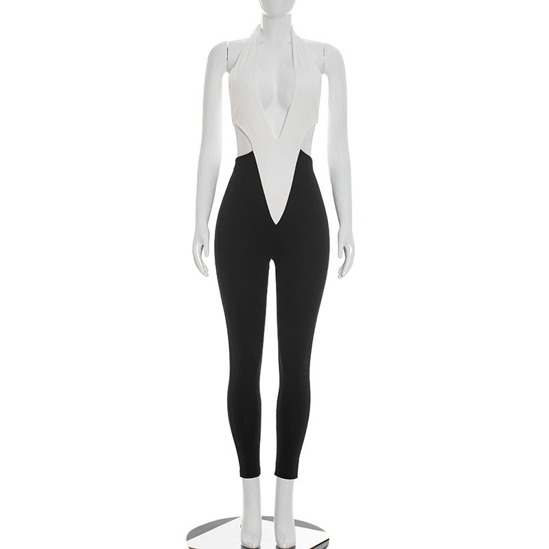 Color Block Deep V Neck Tie Up Jumpsuit GDSF J26JP099