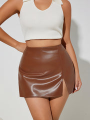 Solid Color PU Leather Split Culottes ANDF 7923