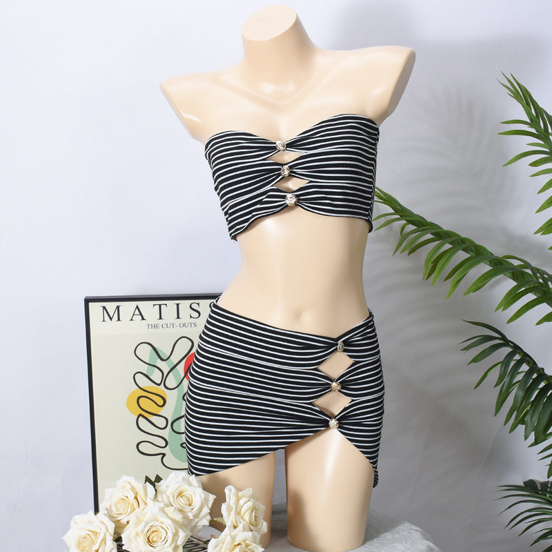 Stripe Wrap Chest Top Two Piece Skirts Set GFRT 32407SHY