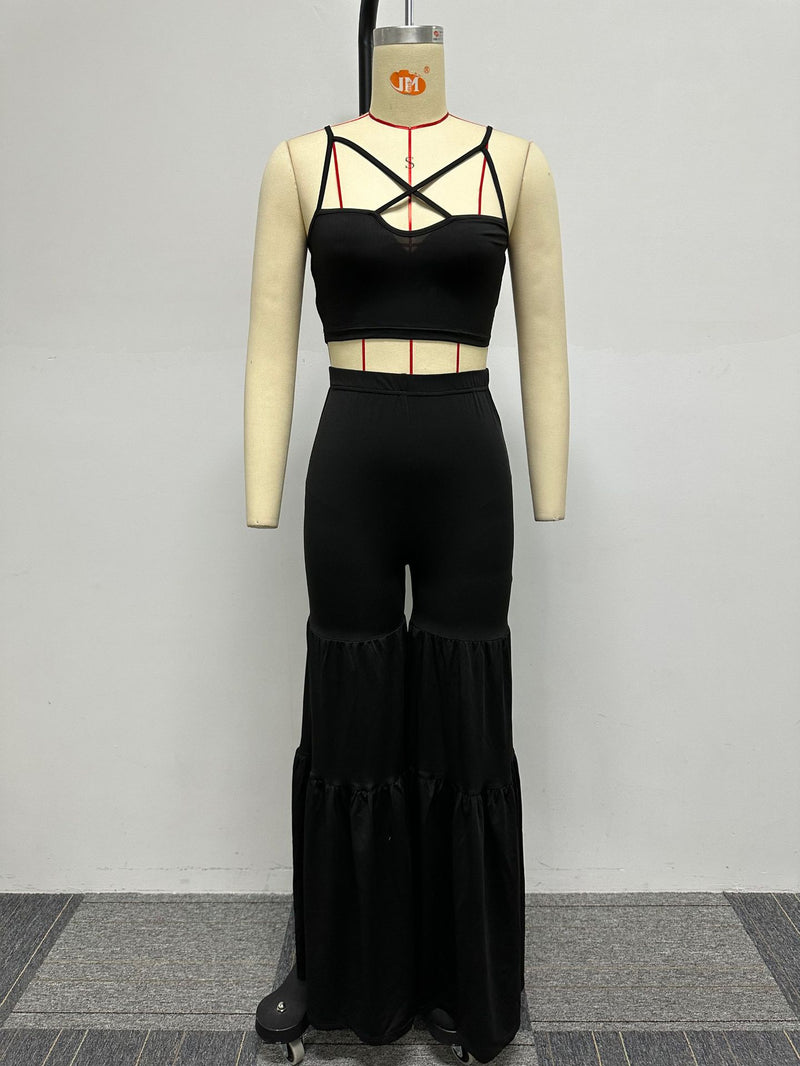 Plus Size Solid Sling Vest And Flare Pants Two Piece Set NY K2806