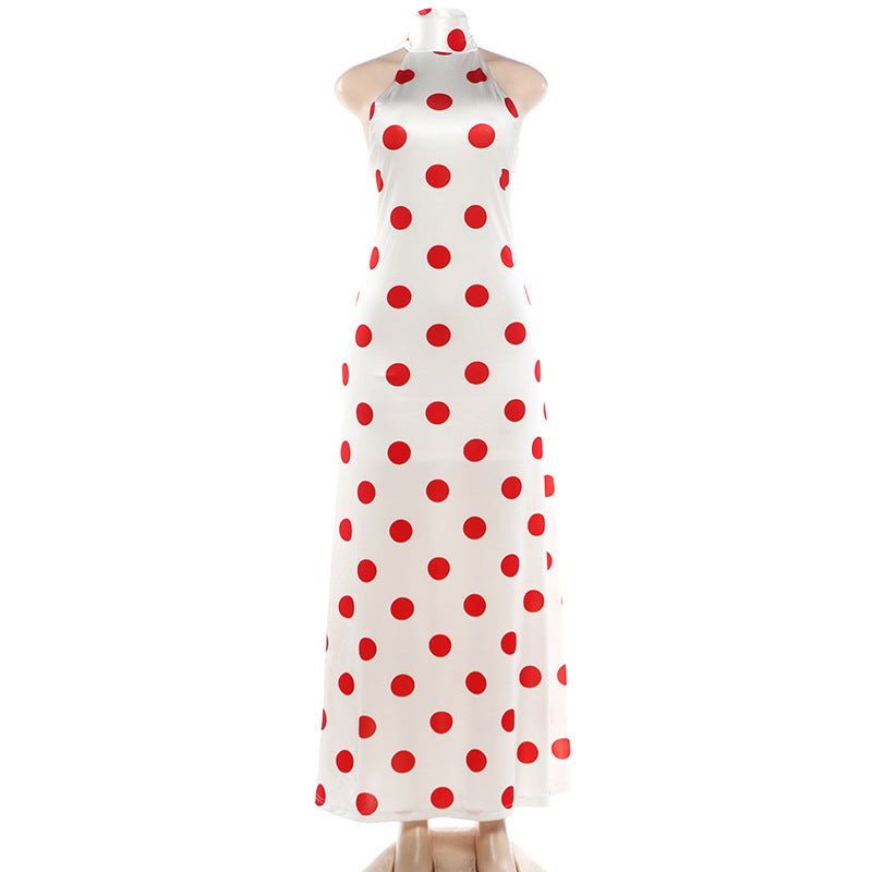Sleeveless Polka Dot Printed Halterneck Maxi Dress DLSF K6D16498A