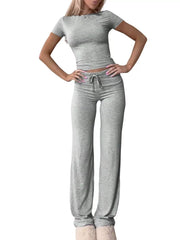 Solid Color Short Sleeve Sports Two Piece Pants Set GYWO 55007
