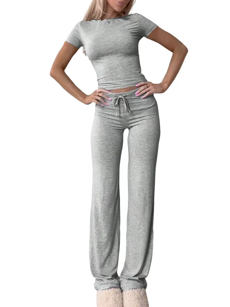 Solid Color Short Sleeve Sports Two Piece Pants Set GYWO 55007