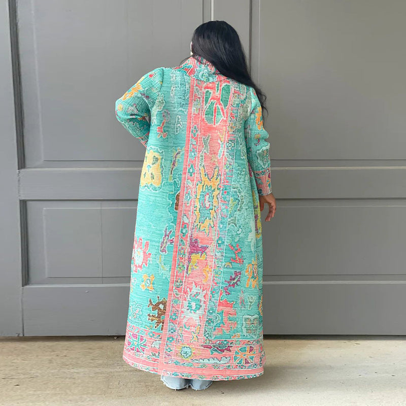 Plus Size Pleated Printed Trench Coat Long Jacket NNWF 10634