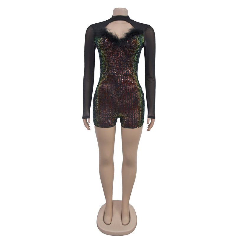 Sequin Deep V Neck Long Sleeve Romper BY 7055