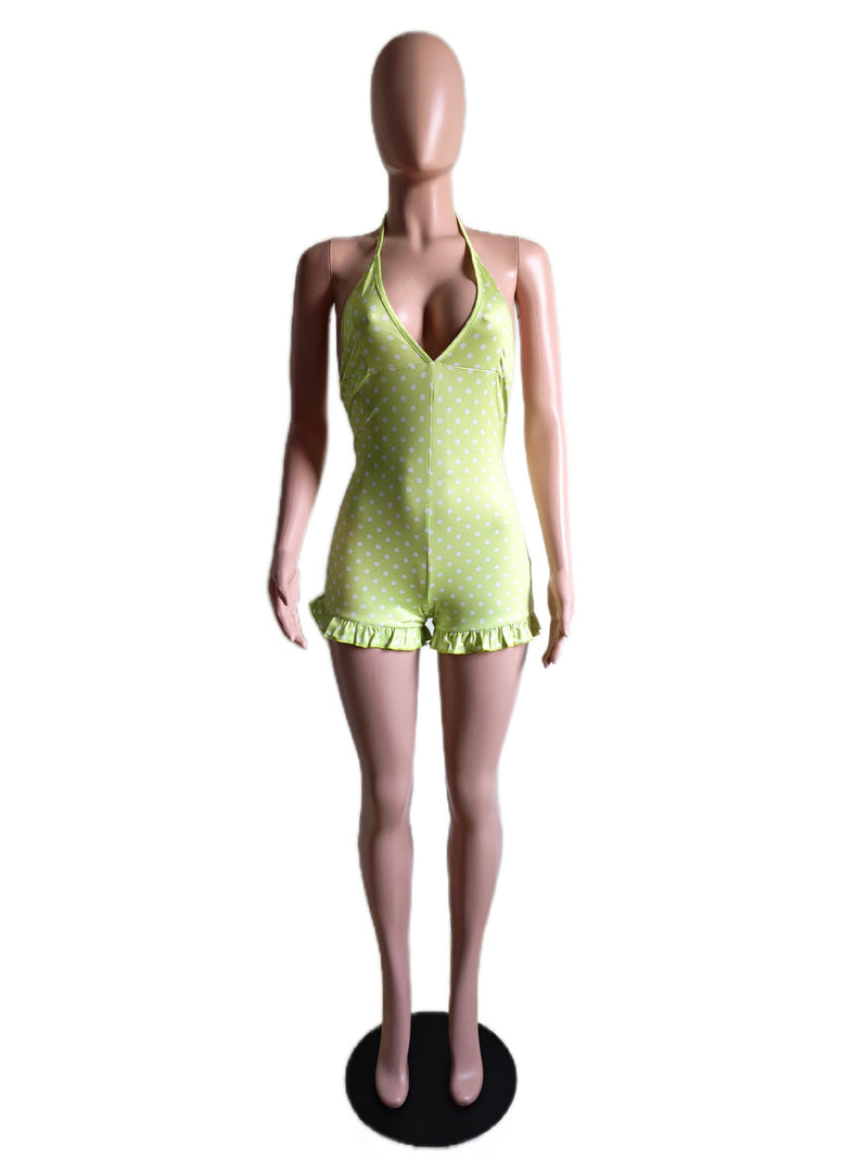 Polka Dots Print Tie Up Ruffles Romper GDYF 6814