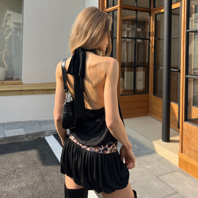 Leopard Print Patchwork Backless Mini Dress GLAG D6121120H