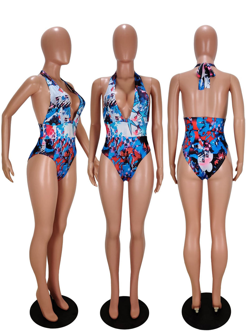 Sexy Printed Deep V Halter backless One Piece Swimsuit WSM 5094