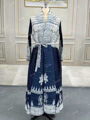 Pleated Long Sleeve Print Long Coat GZRF 602