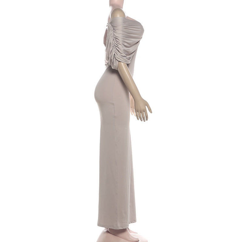 Off Shoulder Ruched Solid Color Maxi Dress GYME K6D06869A