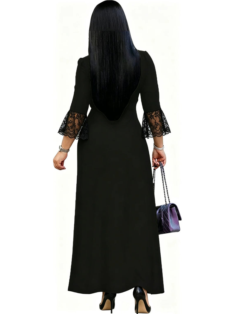 Lace V Neck Solid Color Maxi Dress XMY N049