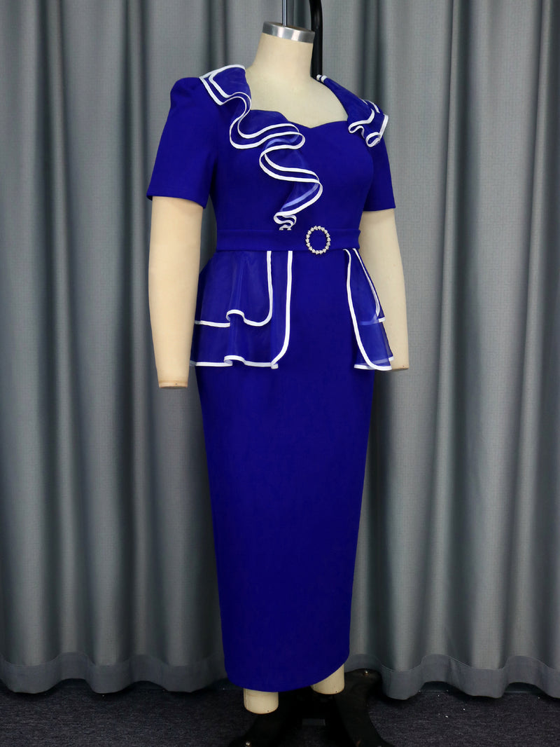 Plus Size Short Sleeve Ruffles Patchwork Midi Dress GKEN AM041229