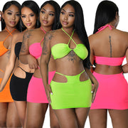Solid Sexy Halter Hollow Out Mini Skirt 2 Piece Sets YH 5255
