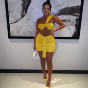 Solid Color Ruched One Shoulder Top And Skirt Two Piece Set JZHF 8028