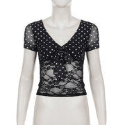 Polka Dot Print Lace Patchwork V Neck T Shirt GPKJ MR49646