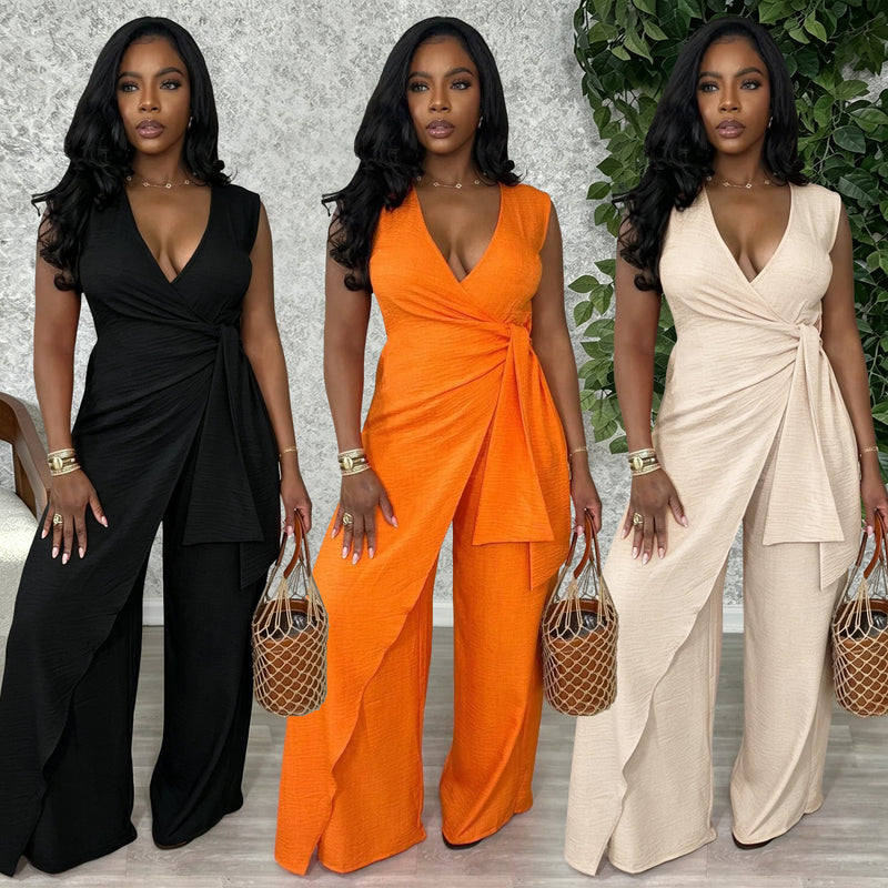 V Neck Sleeveless Solid Jumpsuit BY 7786