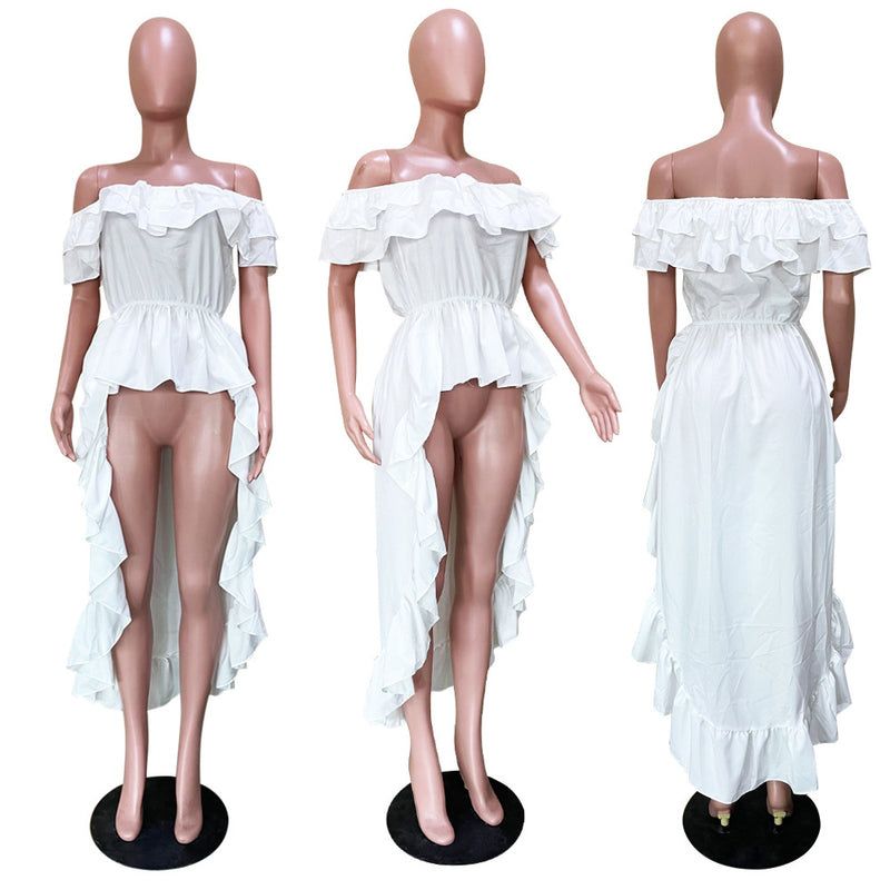 White Ruffled Slash Neck Irregular Swallowtail Top OLYF 6101