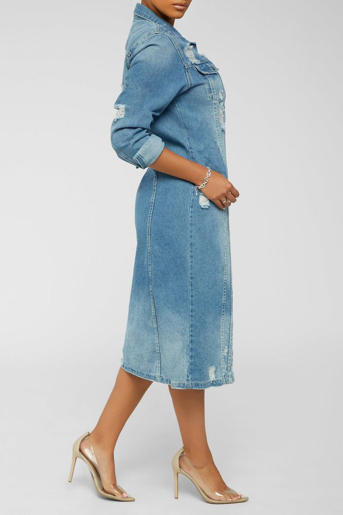 Fashion Denim Long Sleeve Holes Long Coat GQDH 932