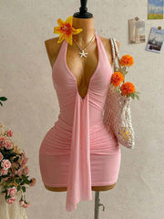 Solid Color Halterneck Ruched Mini Dress GXIY K26L2515